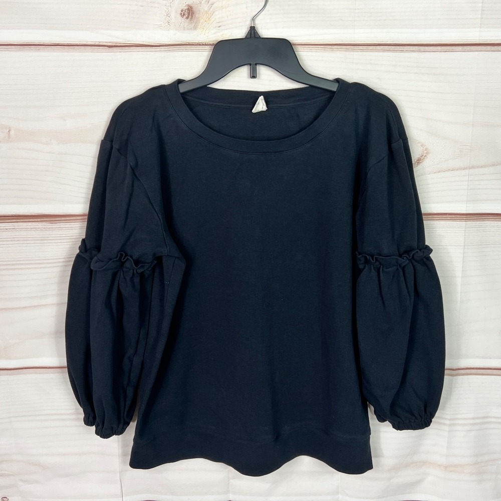 Kate Quinn Top Womens M Blue Balloon Sleeve Knit Blouse Boat Neck Organic Cotton